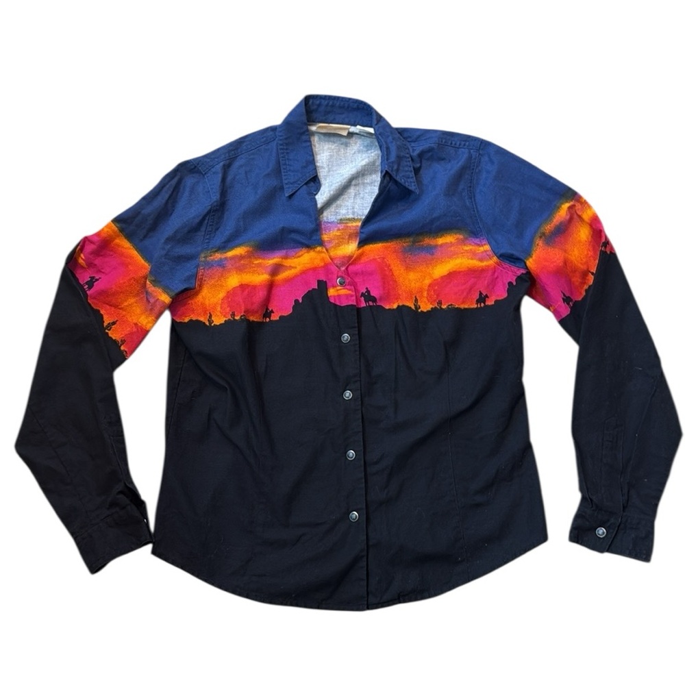 Wrangler Western Sunset Cowboy Print Pearl Snap Shirt Vintage 70s 80s Large Rare